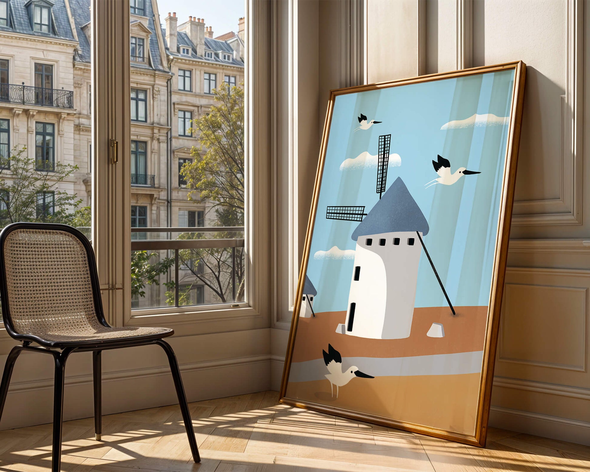 Paisaje de molino de viento con pájaros en estilo minimalista