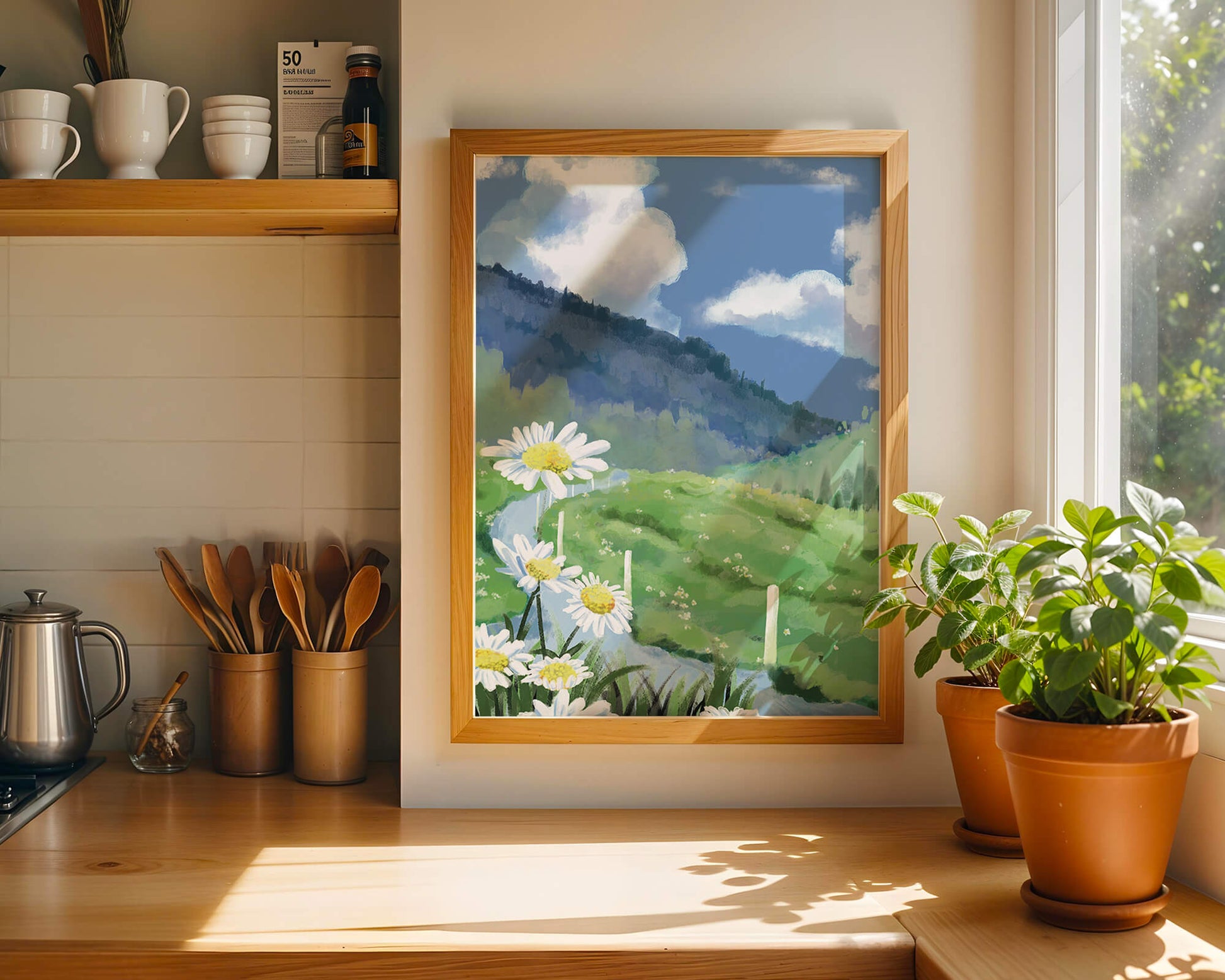 Meadow with Daisies Under Bright Blue Sky