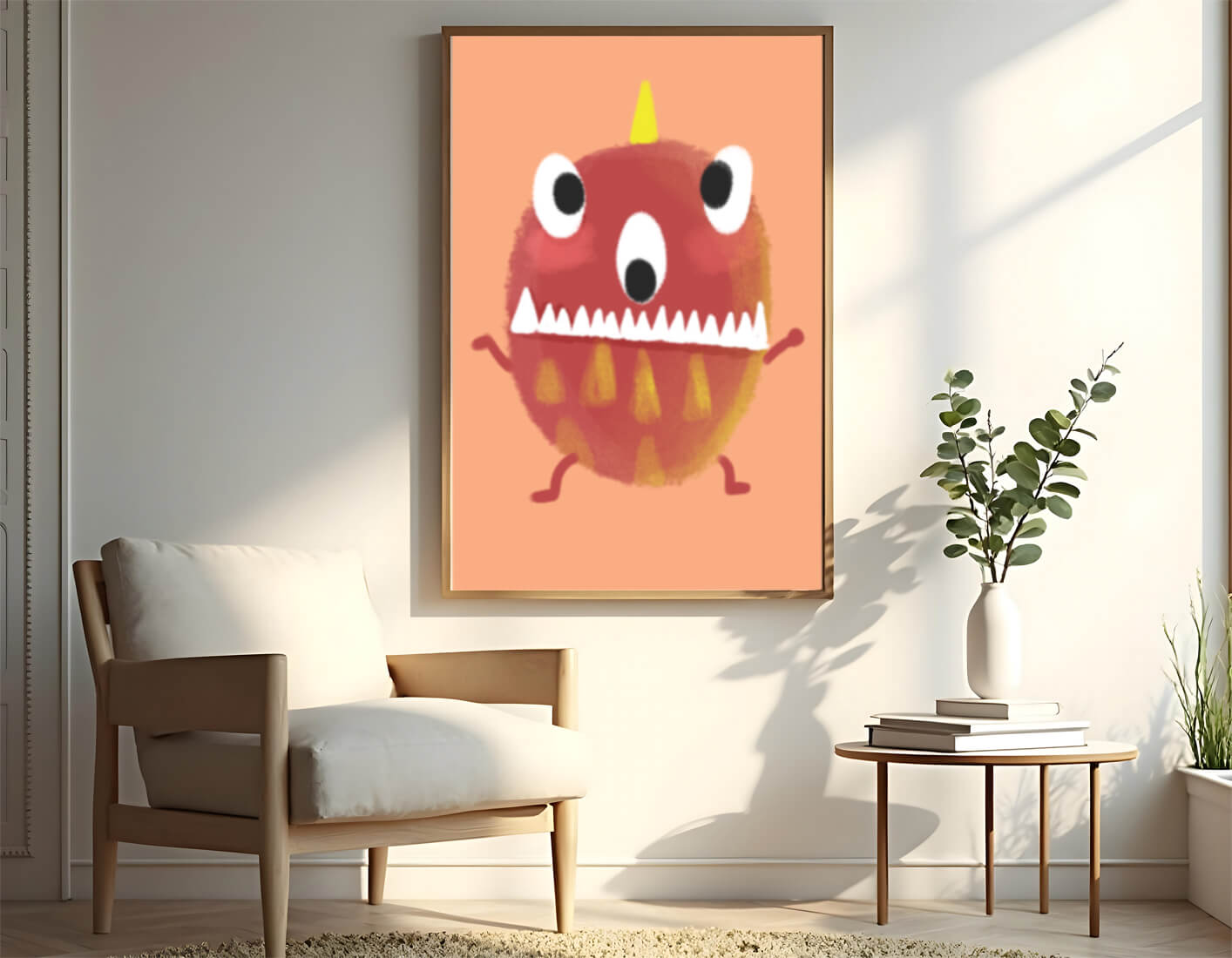 Monstruo colorido con rasgos geométricos y expresión lúdica.