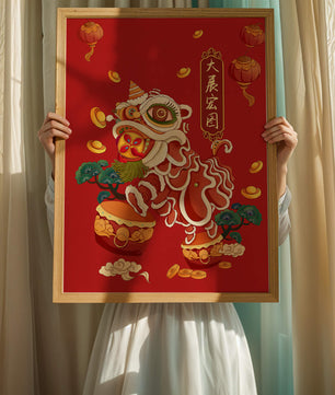 Ilustración de la danza del león china tradicional con elementos festivos