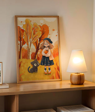 Girl with Cute Cat in Autumn Forest with Colorful Leaves