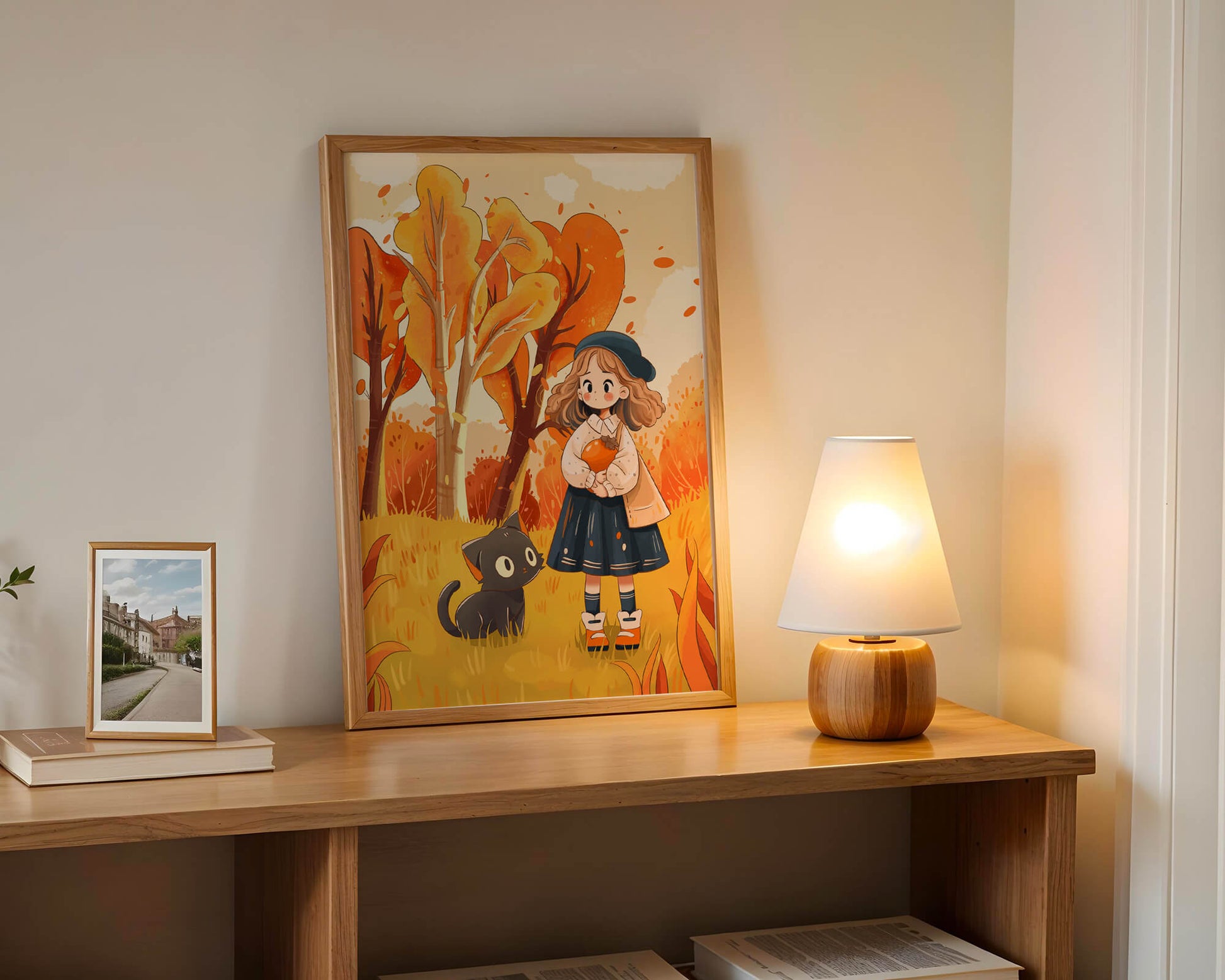 Girl with Cute Cat in Autumn Forest with Colorful Leaves