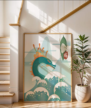 Illustration d’un dragon avec des vagues et des éléments traditionnels chinois