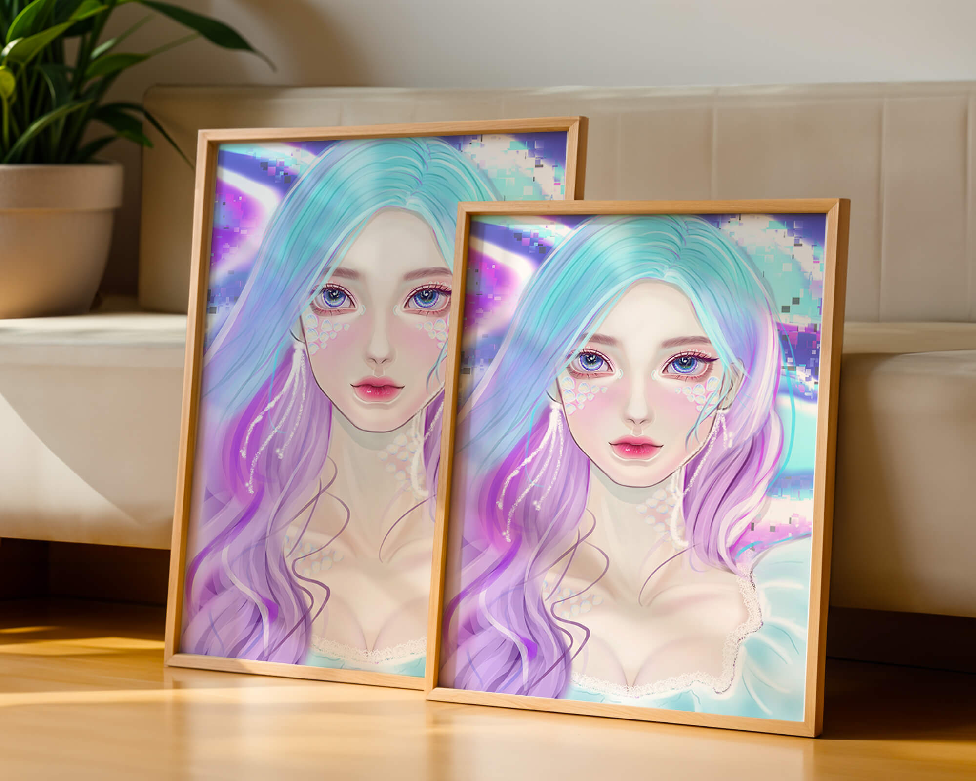 Fantasy portrait of a woman with pastel hair and vibrant features