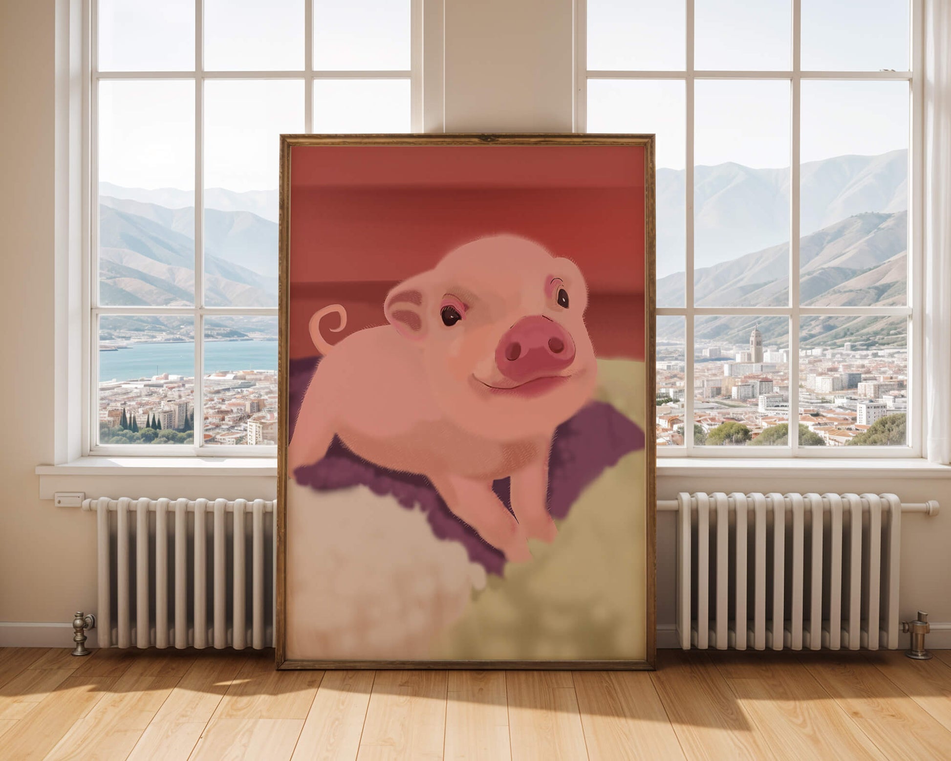 Una encantadora ilustración de un lindo cerdito con un fondo cálido.