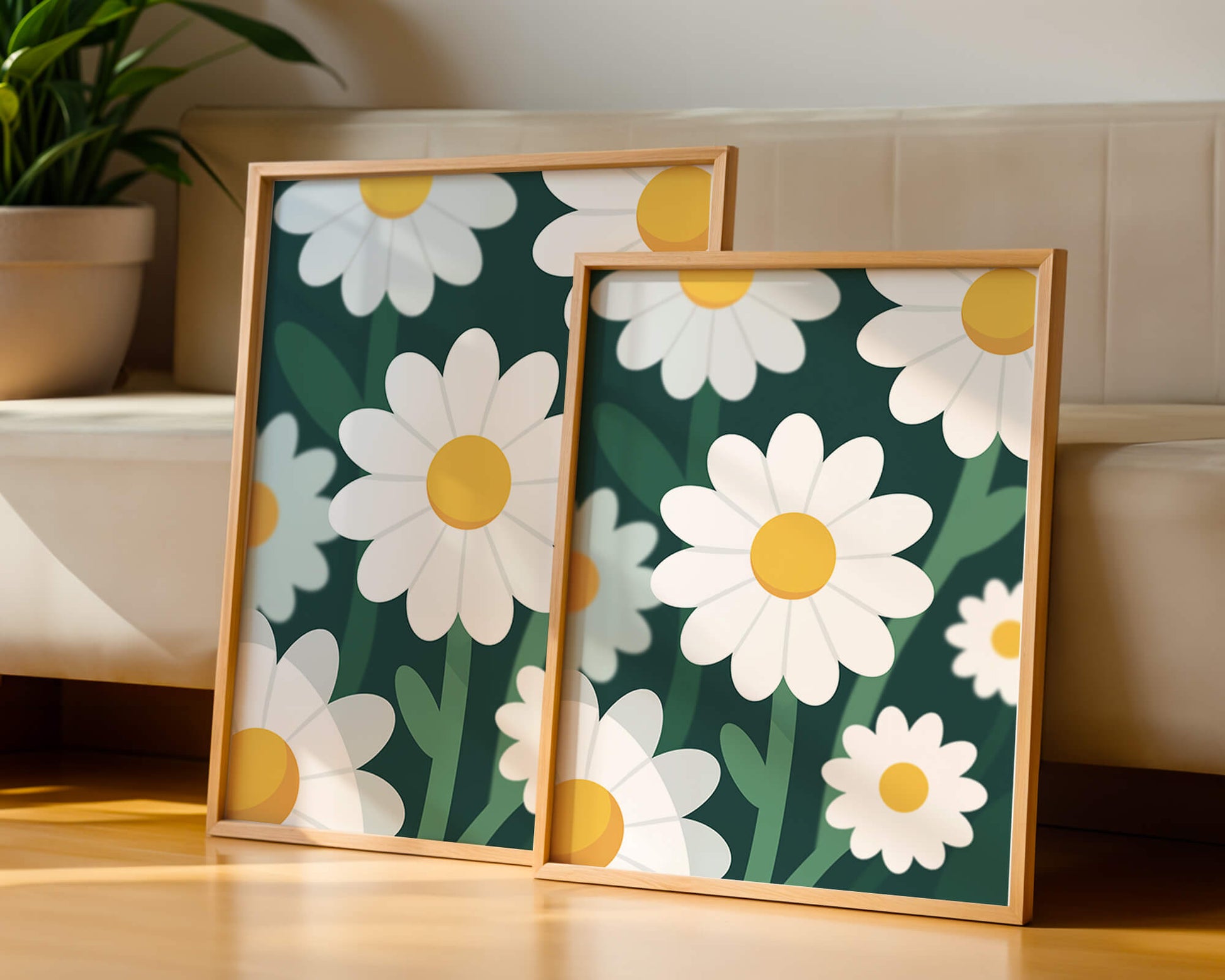 Margaritas sobre fondo verde oscuro con diseño abstracto