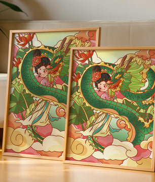 Heitere künstlerische Darstellung eines Mädchens mit einem majestätischen Drachen inmitten von Wolken und Lotusblumen