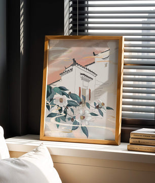 Escena arquitectónica serena con flores y cielo de atardecer