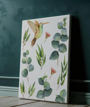 Illustration d'un colibri à l'aquarelle et de feuilles d'eucalyptus