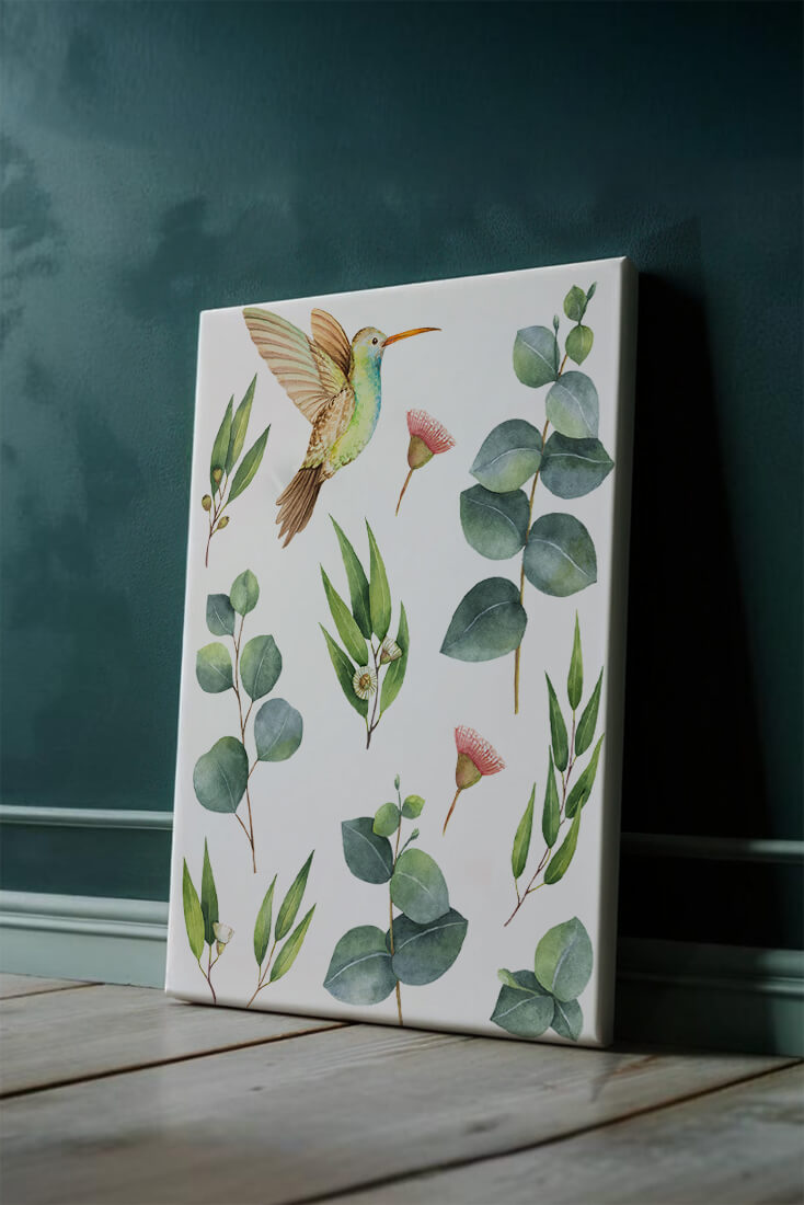 Watercolor hummingbird and eucalyptus leaves illustration
