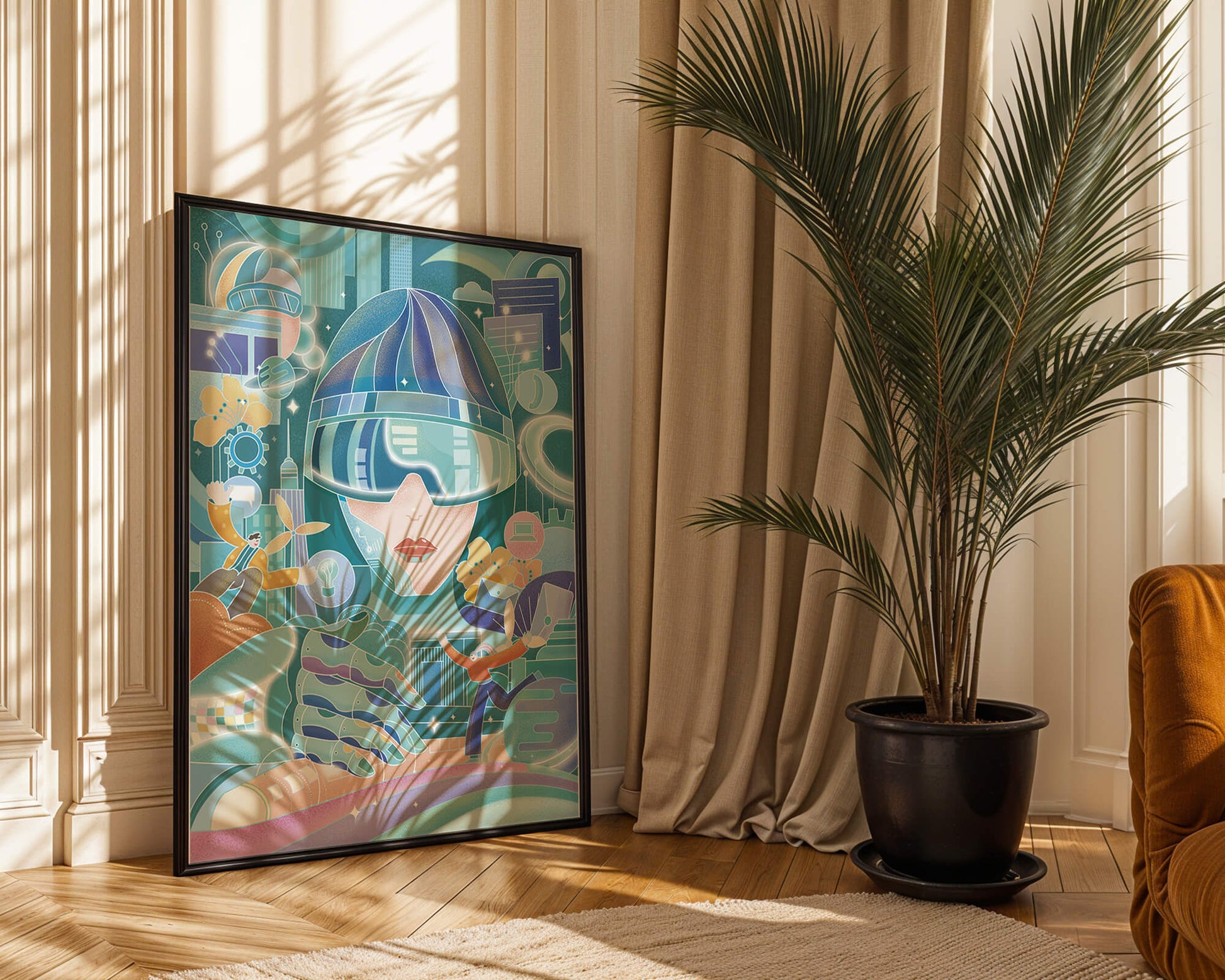 Futuristic digital art with virtual reality and technology themes