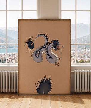 Illustration of a mystical dragon with fluid form on a beige background
