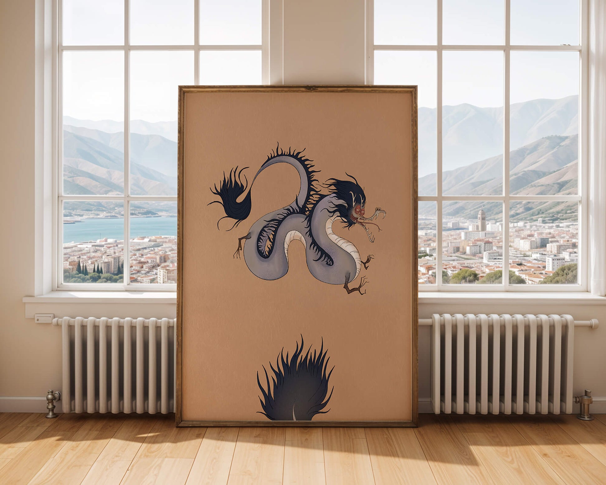 Illustration of a mystical dragon with fluid form on a beige background
