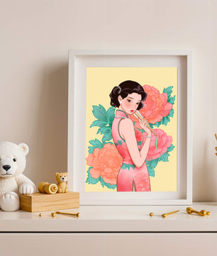 Elegant woman in traditional dress with floral background