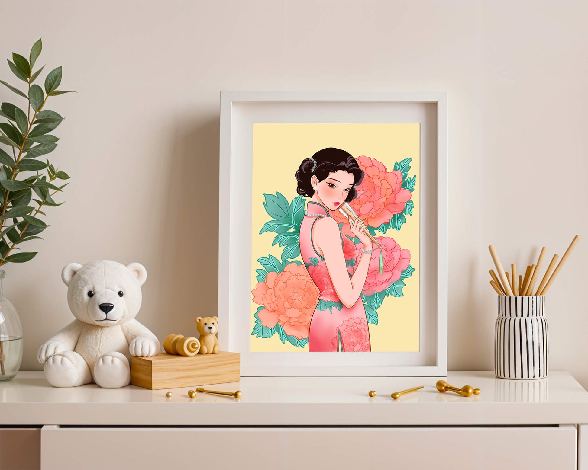 Elegant woman in traditional dress with floral background