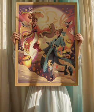 Dynamic anime scene with traditional attire and lanterns