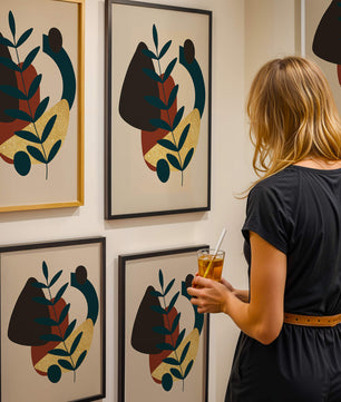 Abstract Botanical Composition with Geometric Shapes and Gold Accent - Mi tienda