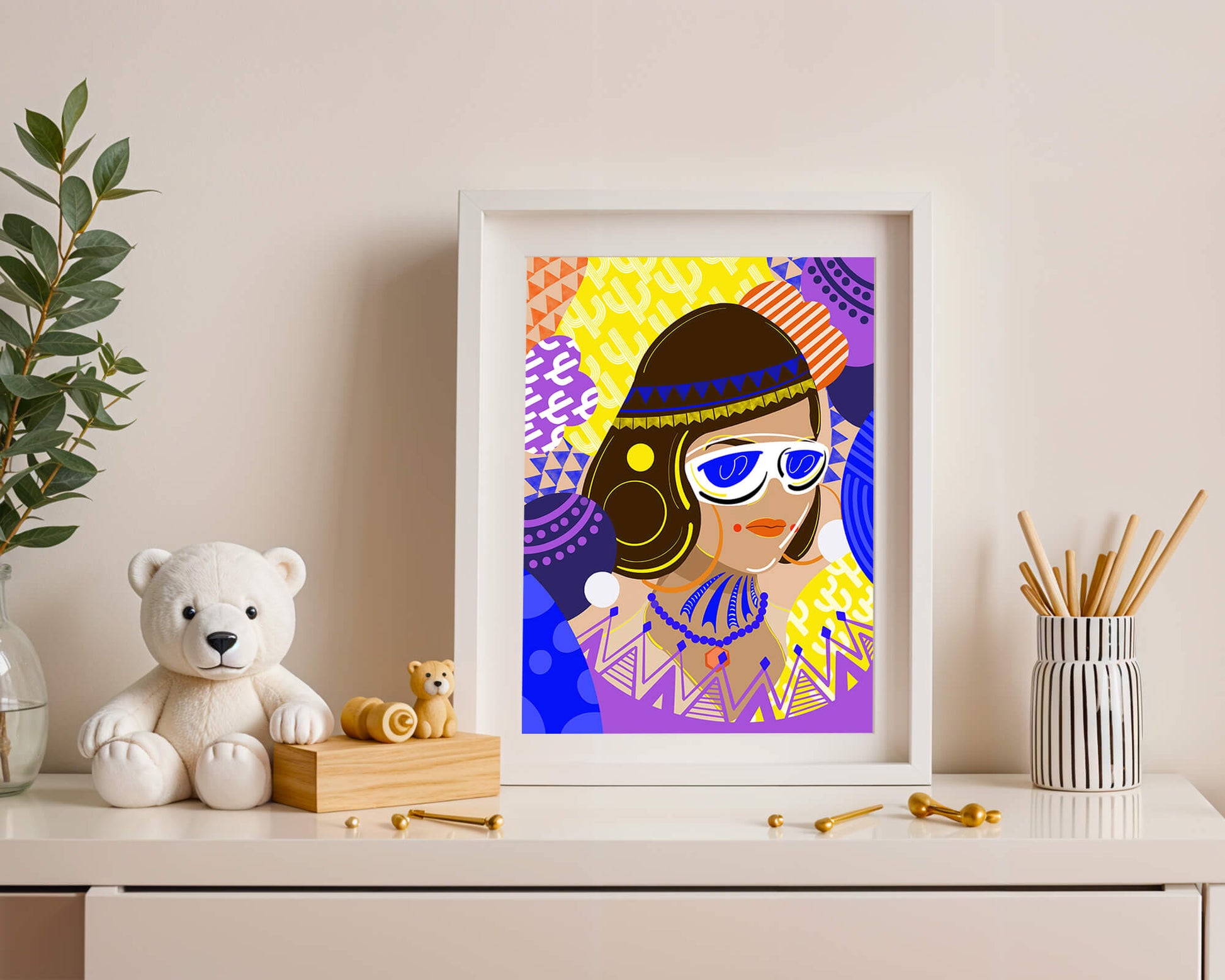 Portrait abstrait coloré avec des motifs géométriques vibrants