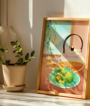 Tea set with green treats and bamboo leaves in serene setting