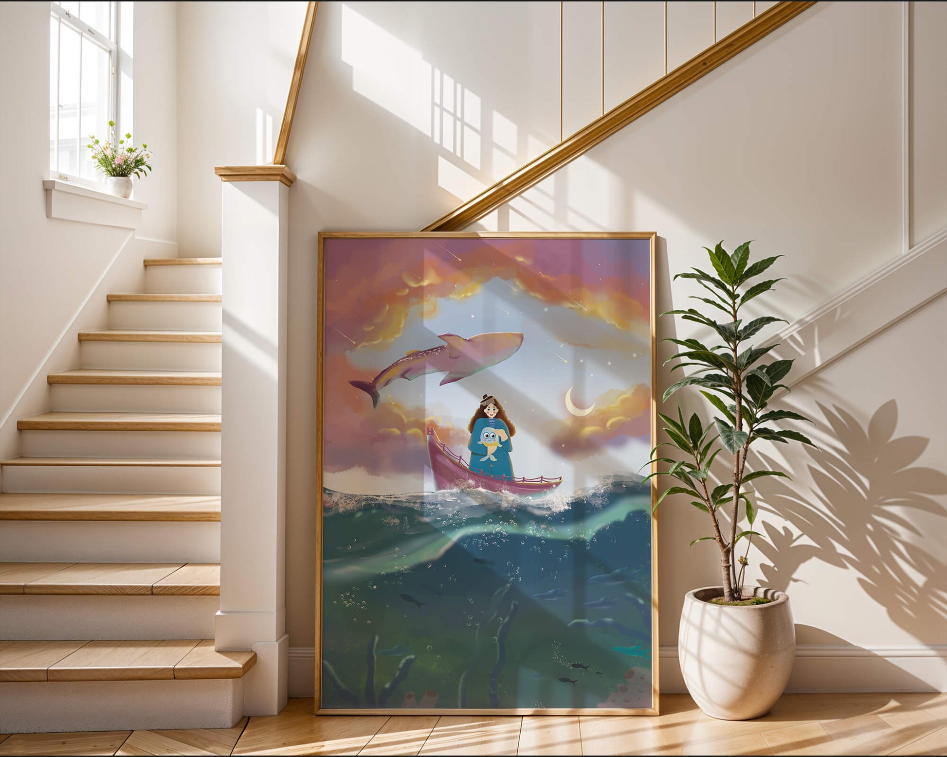 Whimsical illustration of a girl on a boat with a flying whale