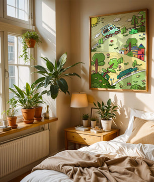Whimsical landscape with houses, cars, and colorful flora