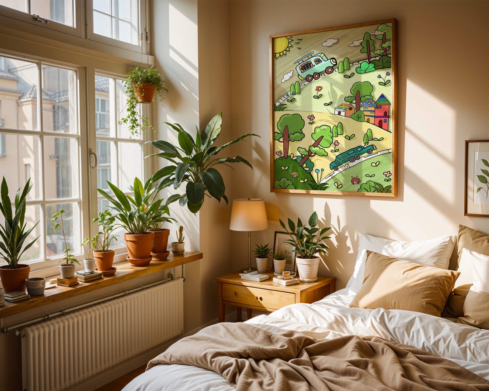 Whimsical landscape with houses, cars, and colorful flora