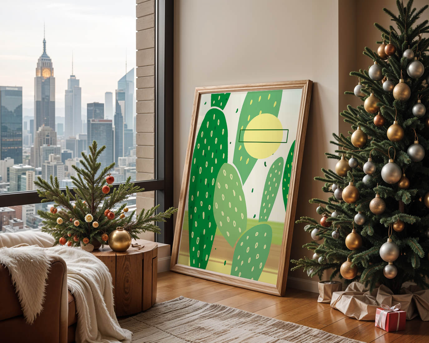 Abstract cactus art with green and yellow elements