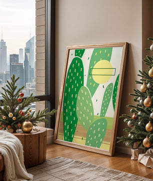 Art abstrait de cactus avec des éléments verts et jaunes