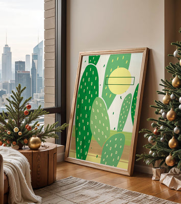 Abstract cactus art with green and yellow elements
