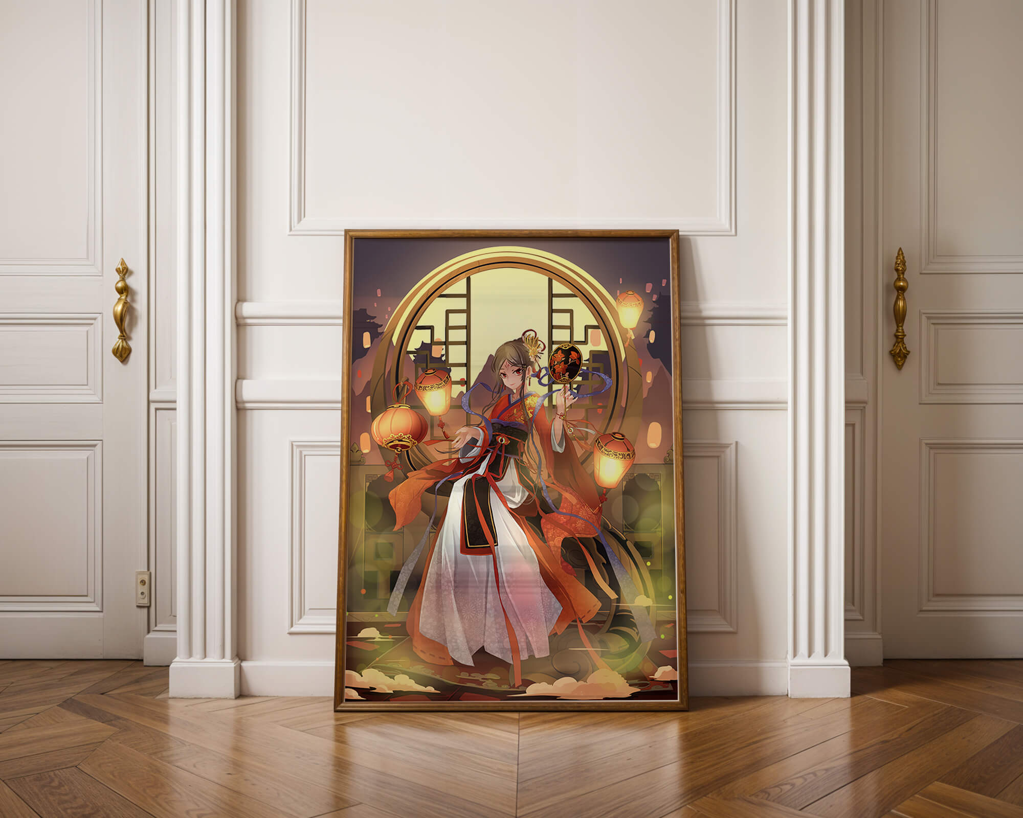 Elegant Asian-inspired fantasy artwork with lanterns