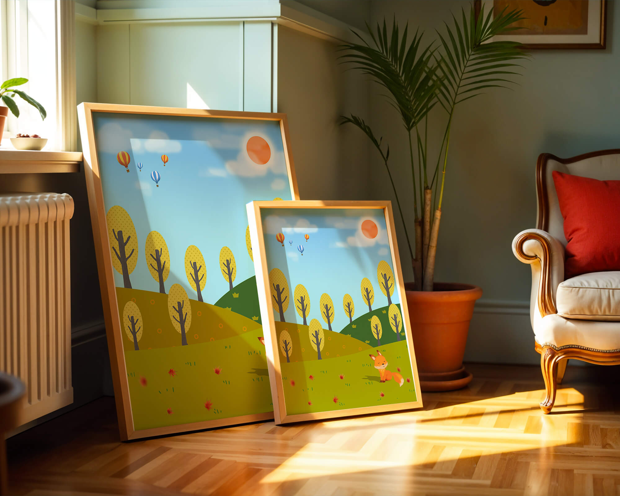 Whimsical landscape with hot air balloons and a fox in autumn scenery