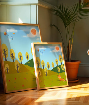 Whimsical landscape with hot air balloons and a fox in autumn scenery