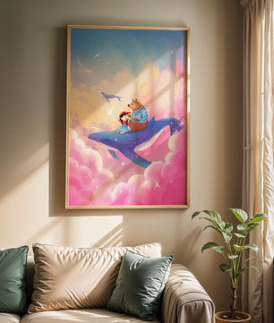 Fantasy illustration of girl and bear riding a whale through colorful clouds