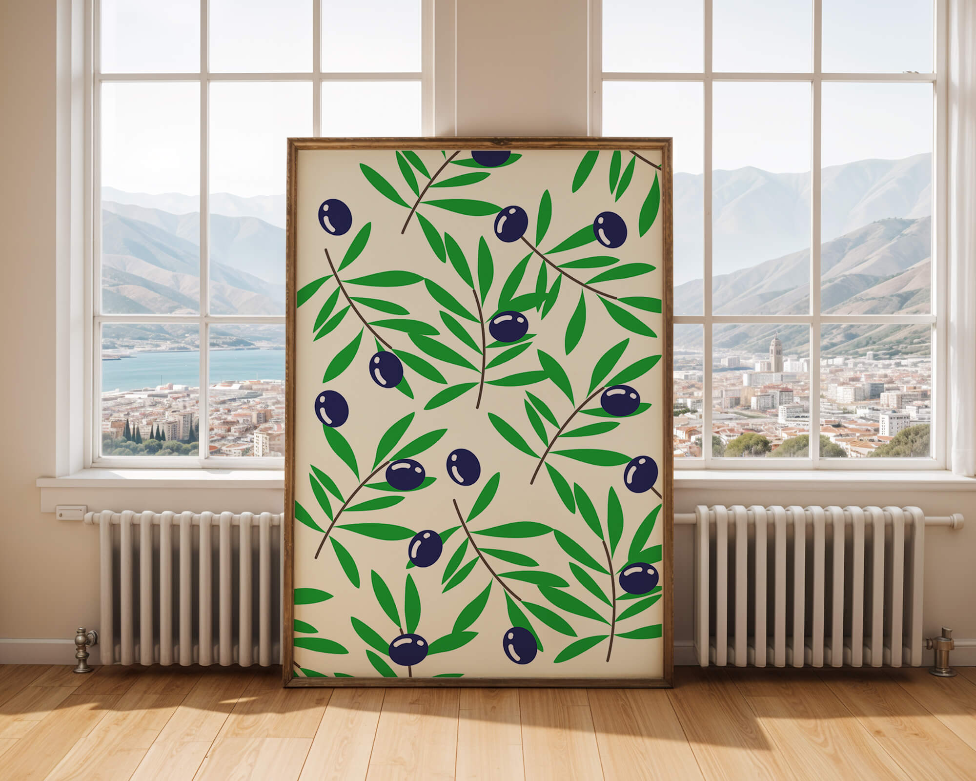 Olive branch pattern with green leaves and blue olives