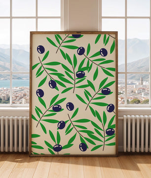 Olive branch pattern with green leaves and blue olives