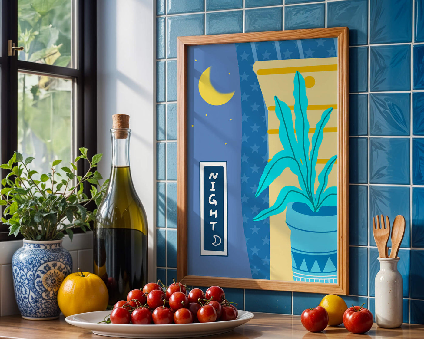 Nighttime plant illustration with crescent moon and starry background