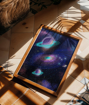 Colorful space illustration with planets and galaxy