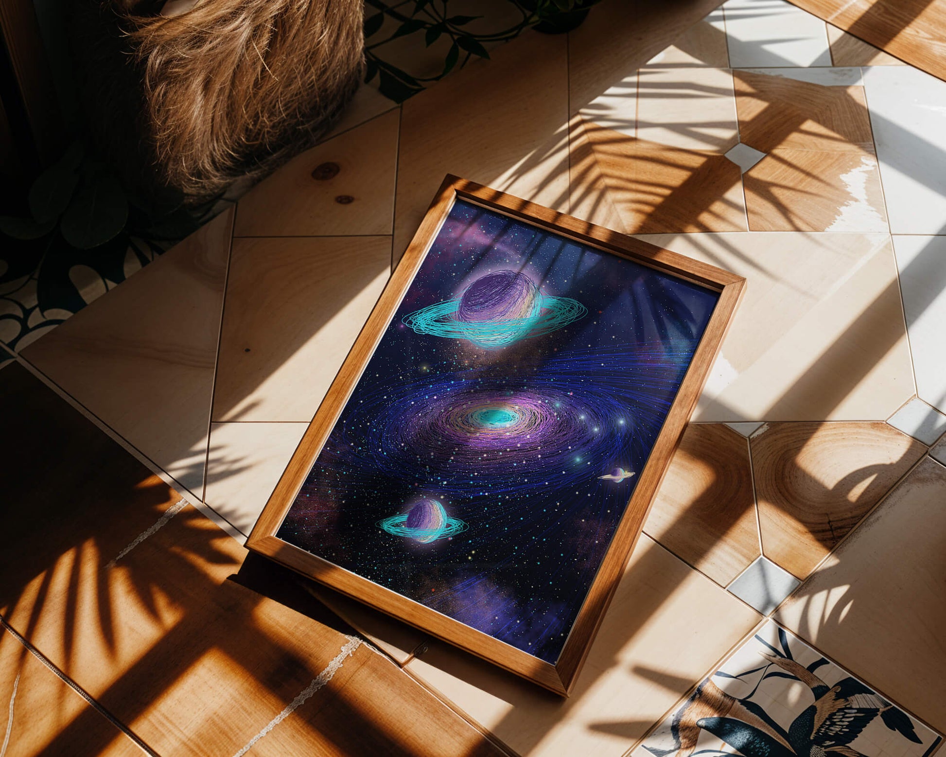 Colorful space illustration with planets and galaxy