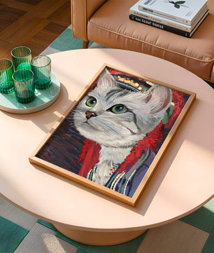 Illustrated cat portrait with colorful accents
