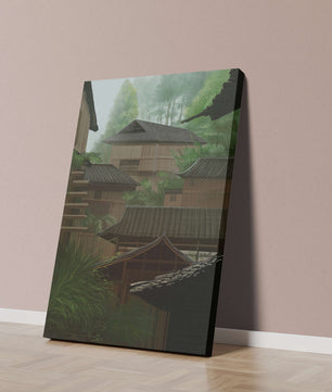 Traditional Japanese Architectural Scene with Lush Greenery