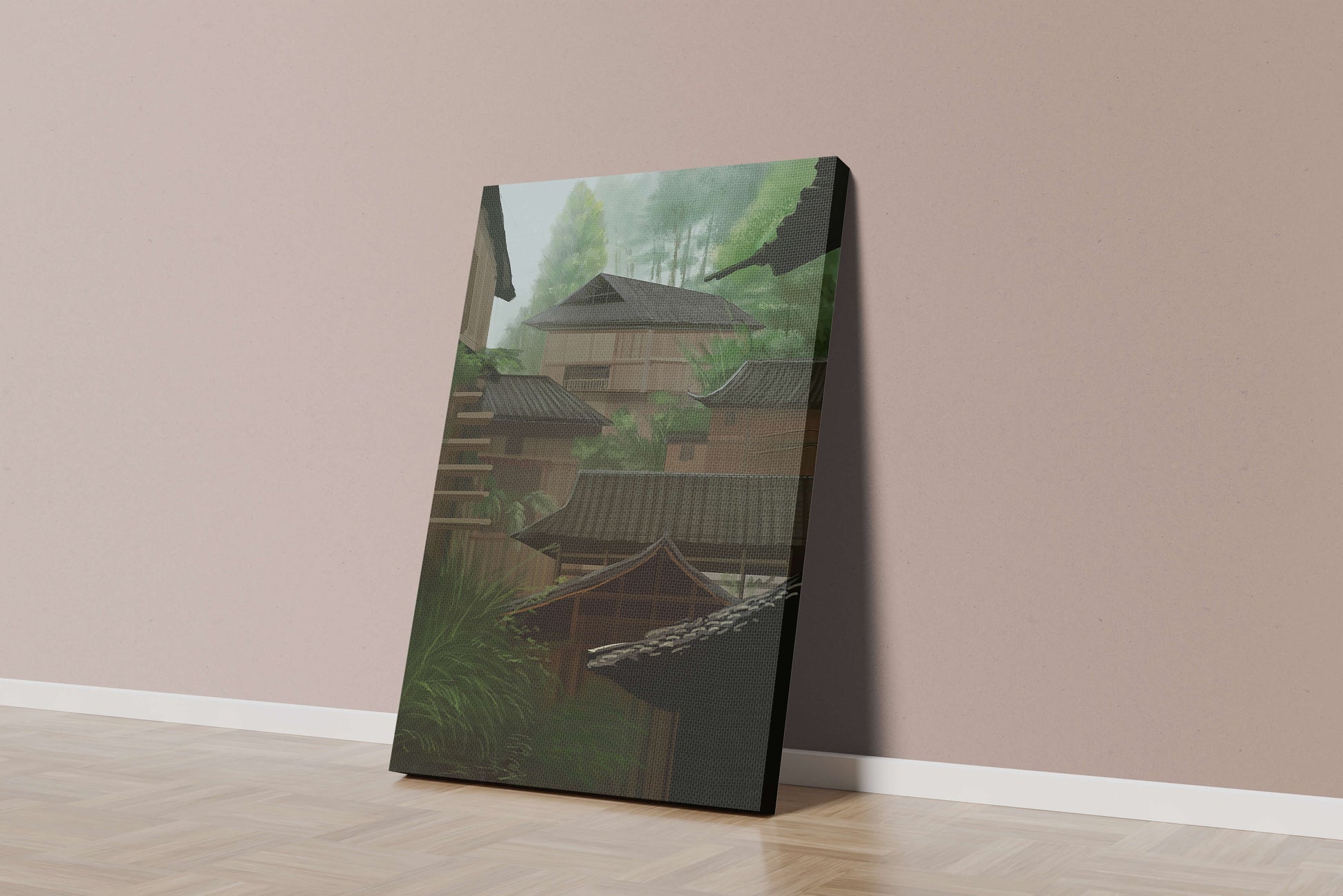 Traditional Japanese Architectural Scene with Lush Greenery
