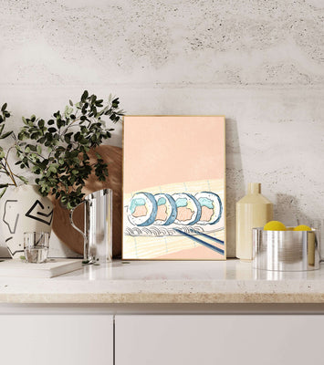 Colorful sushi rolls with chopsticks on pastel background