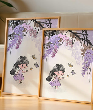 Charmante Illustration eines kleinen Mädchens mit Schmetterlingen und Glyzinienblüten