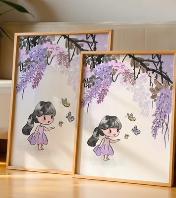 Charming illustration of a little girl with butterflies and wisteria flowers