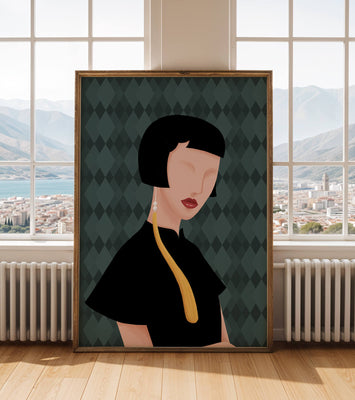 Elegant woman with short hair and golden earring on patterned background