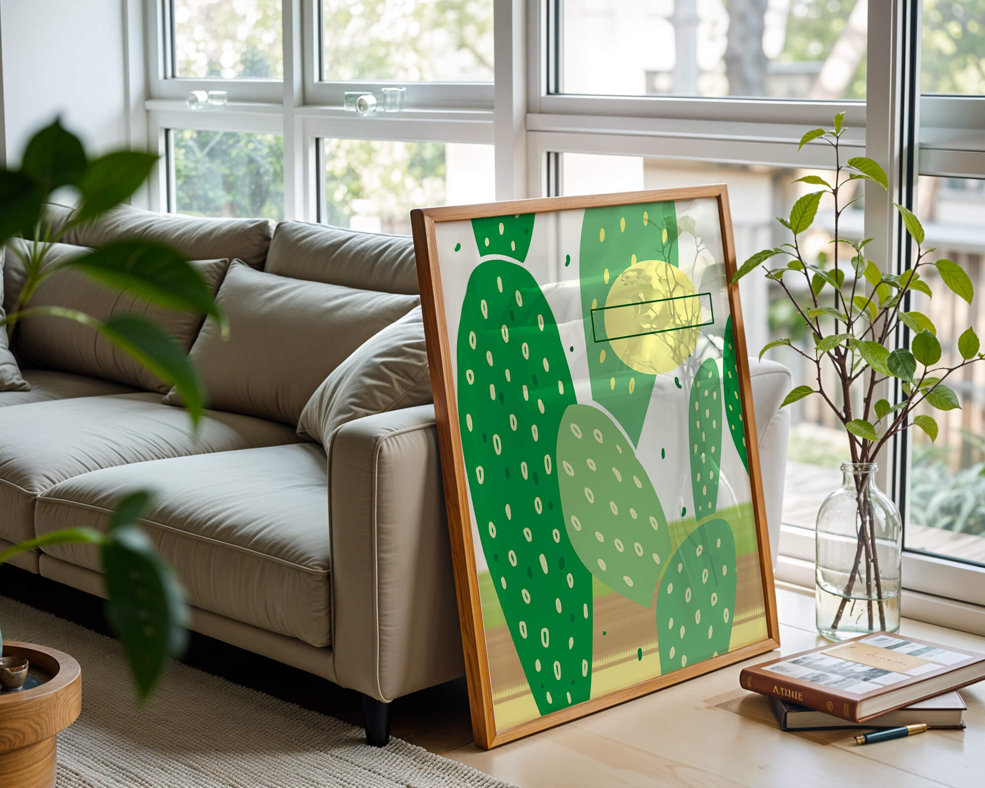 Abstract cactus art with green and yellow elements