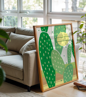 Abstract cactus art with green and yellow elements