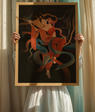 Elegant depiction of a goddess playing a lute with flowing ribbons