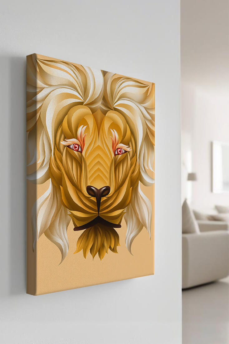 Lion Face with Intricate Golden Pattern and Flowing Mane