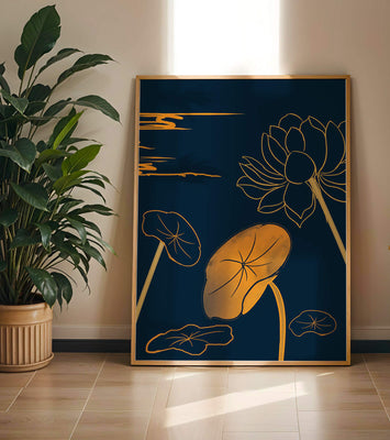 Golden Lotus Flowers in Abstract Night Sky